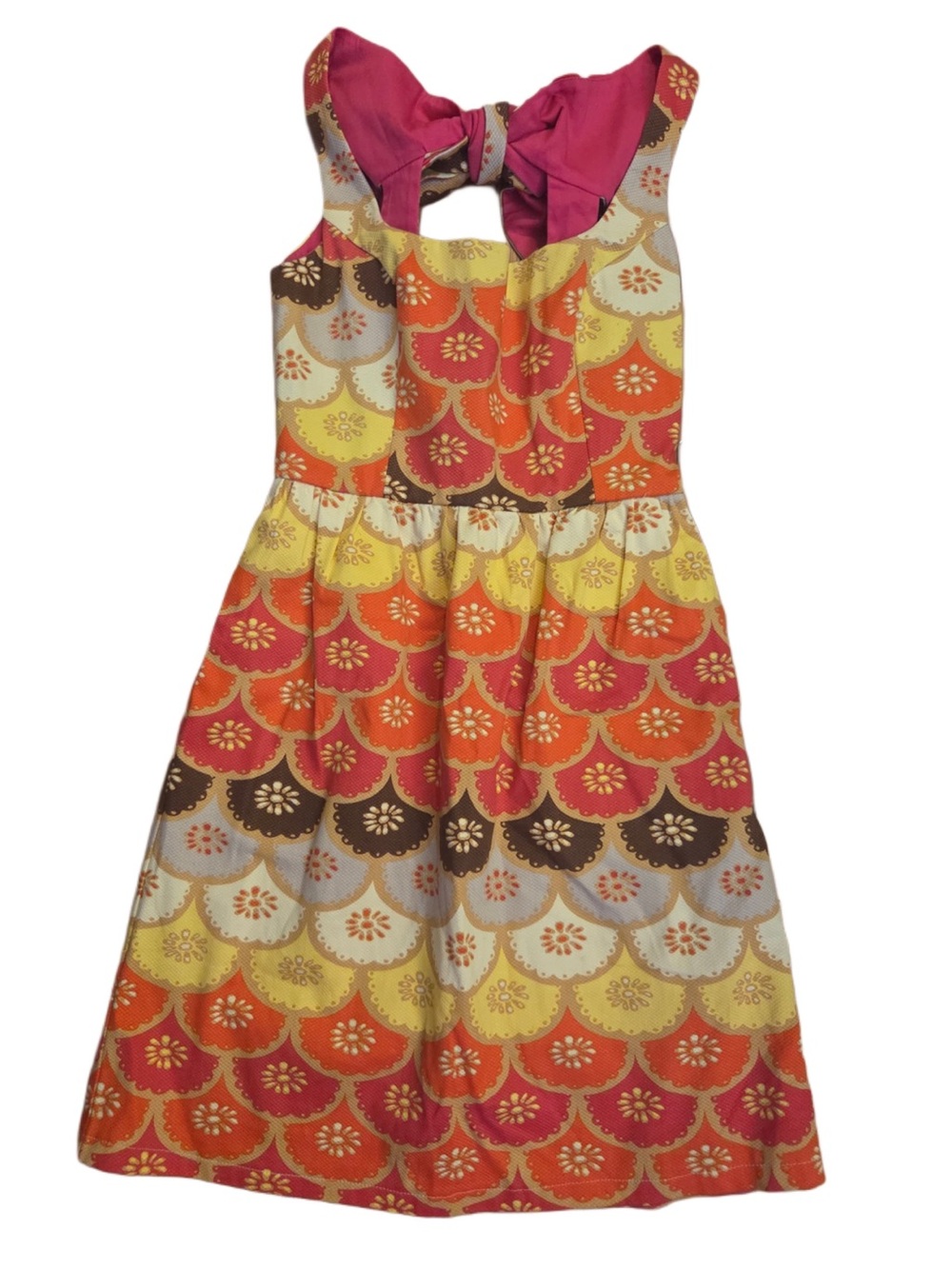 Judith March Multicolor Floral Scallop Print Dress with Pink Bow